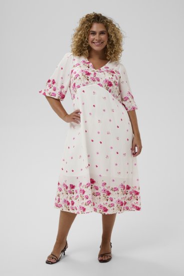 Kaffe Curve Rosa Midi Dress White Rose Border Flower - Kleider - 