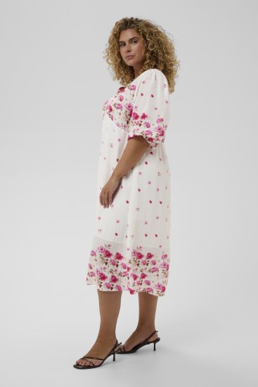 Kaffe Curve Rosa Midi Dress White Rose Border Flower - Kleider - 