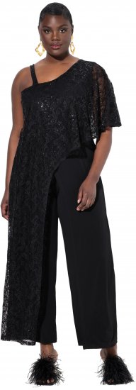 Ulla Popken Asymmetric Lace Panel Jumpsuit Black - Jeans & Hosen in Großen Größen – Plus Size - 