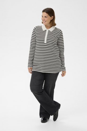 Kaffe Curve Miana Long Sleeve Polo Chalk with Black Stripe - Poloshirts - 