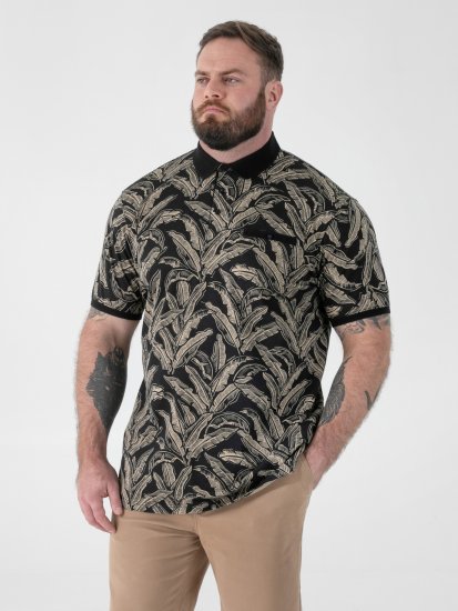 D555 Palmer Leaf Printed Jacquard Collar & Cuff Chest Pocket Polo Black - Polo-shirts für herren - Polo-Shirts für Herren in großen Größen