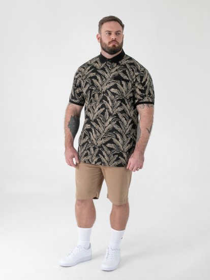 D555 Palmer Leaf Printed Jacquard Collar & Cuff Chest Pocket Polo Black - Polo-shirts für herren - Polo-Shirts für Herren in großen Größen