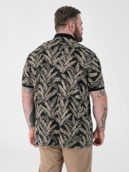D555 Palmer Leaf Printed Jacquard Collar & Cuff Chest Pocket Polo Black - Polo-shirts für herren - Polo-Shirts für Herren in großen Größen