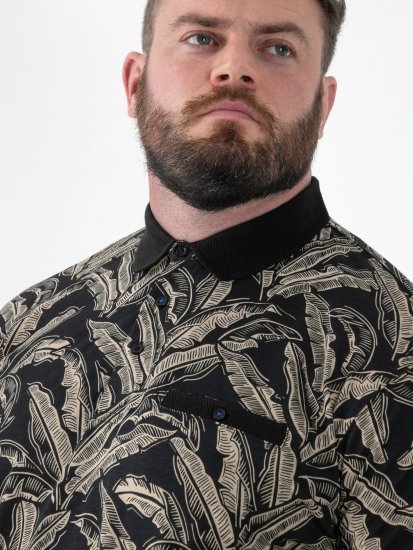 D555 Palmer Leaf Printed Jacquard Collar & Cuff Chest Pocket Polo Black - Polo-shirts für herren - Polo-Shirts für Herren in großen Größen
