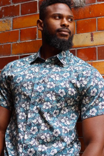 Kam Jeans 6061 Hibiscus Floral Print Short Sleeve Shirt Midnight Blue - Herrenhemden - Herrenhemden in großen Größen