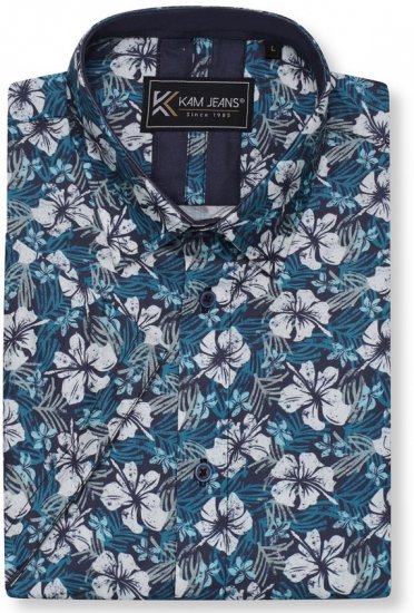 Kam Jeans 6061 Hibiscus Floral Print Short Sleeve Shirt Midnight Blue - Herrenhemden - Herrenhemden in großen Größen