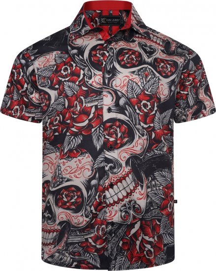 Kam Jeans 6062 Skull And Roses Print Short Sleeve Shirt Black - Herrenhemden - Herrenhemden in großen Größen