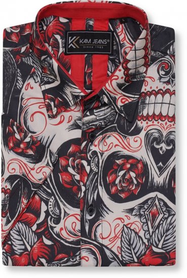 Kam Jeans 6062 Skull And Roses Print Short Sleeve Shirt Black - Herrenhemden - Herrenhemden in großen Größen