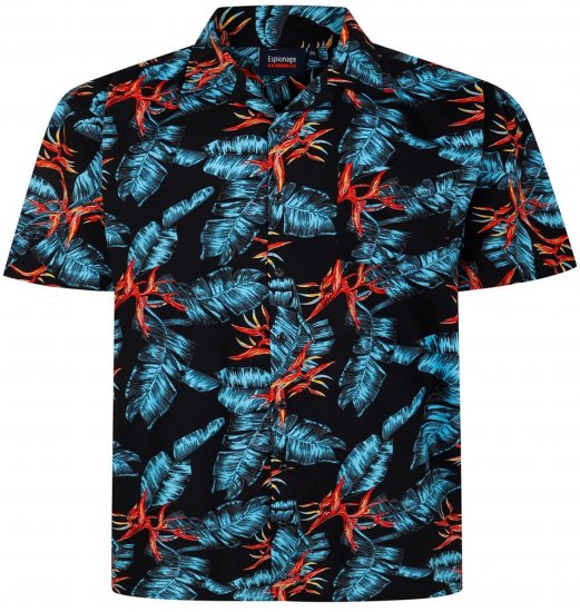 Espionage SH435 All Over Leaf Print Short Sleeve Shirt Black - Kurzarmhemden - Herren Kurzarmhemden Große Größen
