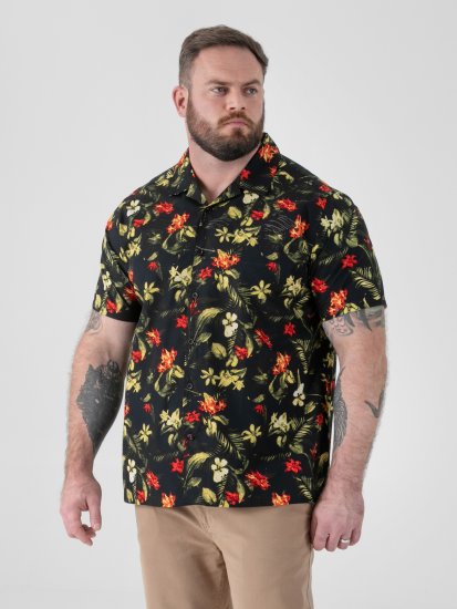 D555 Gordon Hawaiian AOP Cuvan Collar Resort Short Sleeve Black - Herrenhemden - Herrenhemden in großen Größen