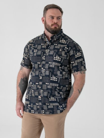 D555 Rick Geometric Print Short Sleeve Shirt Navy - Herrenhemden - Herrenhemden in großen Größen