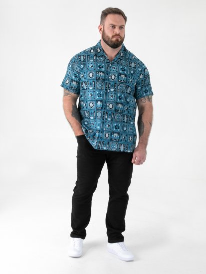 D555 Hawkins Printed Cuban Collar Resort Short Sleeve Shirt Teal - Herrenhemden - Herrenhemden in großen Größen