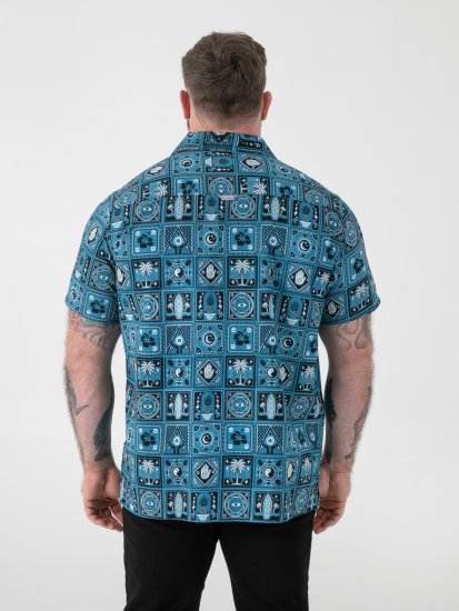 D555 Hawkins Printed Cuban Collar Resort Short Sleeve Shirt Teal - Herrenhemden - Herrenhemden in großen Größen