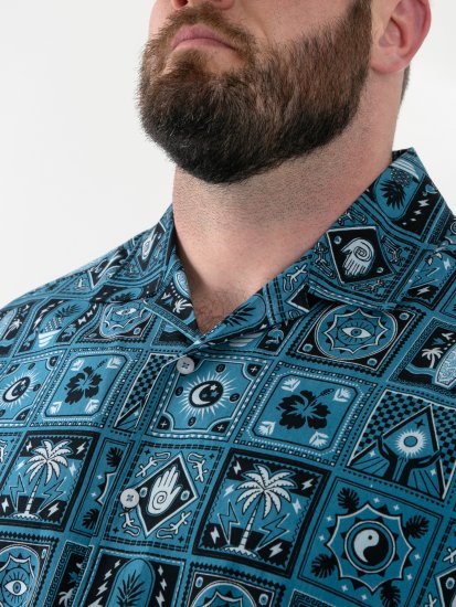 D555 Hawkins Printed Cuban Collar Resort Short Sleeve Shirt Teal - Herrenhemden - Herrenhemden in großen Größen