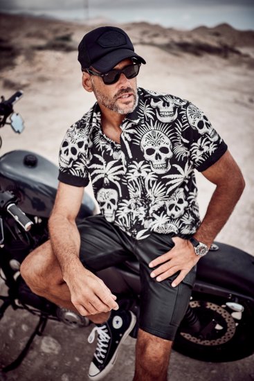 JP1880 Skull Pattern Jersey Short Sleeve Shirt Black - Herrenhemden - Herrenhemden in großen Größen