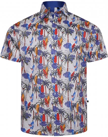 Kam Jeans 6060 Palm Tree and Surf Boards Short Sleeve Shirt White - Herrenhemden - Herrenhemden in großen Größen