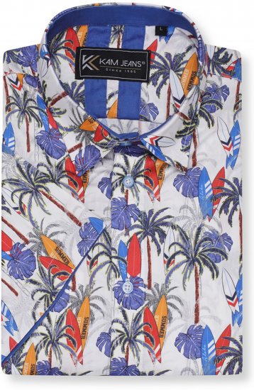 Kam Jeans 6060 Palm Tree and Surf Boards Short Sleeve Shirt White - Herrenhemden - Herrenhemden in großen Größen