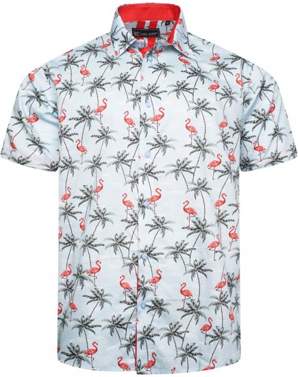 Kam Jeans 6067 Flamingo and Palm Tree Short Sleeve Shirt Blue - Herrenhemden - Herrenhemden in großen Größen