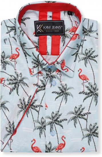 Kam Jeans 6067 Flamingo and Palm Tree Short Sleeve Shirt Blue - Herrenhemden - Herrenhemden in großen Größen