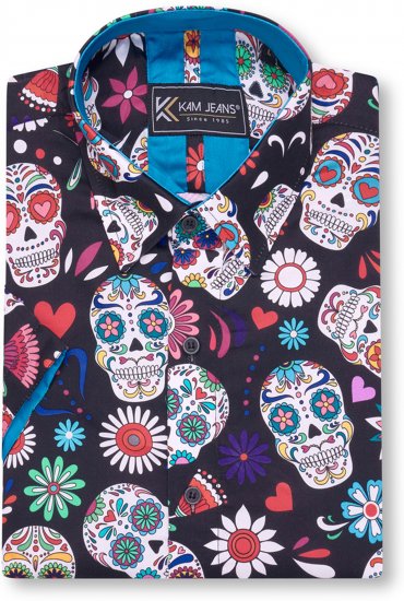 Kam Jeans 6069 Skull Print Short Sleeve Black - Herrenhemden - Herrenhemden in großen Größen