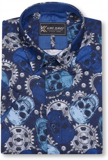 Kam Jeans 6070 Retro Skull Short Sleeve Shirt Navy - Herrenhemden - Herrenhemden in großen Größen