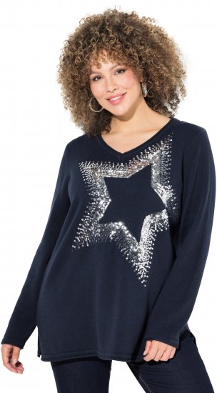 Ulla Popken Sequined Star Rolled Edge Sweater Navy - Hoodies & Sweatshirts - 