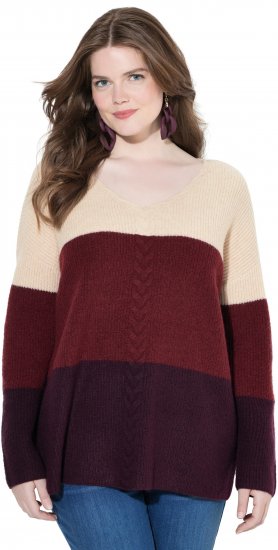 Ulla Popken Cable Knit Block Stripe V-Neck Sweater Dark Ruby - Hoodies & Sweatshirts - 