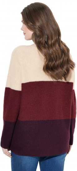 Ulla Popken Cable Knit Block Stripe V-Neck Sweater Dark Ruby - Hoodies & Sweatshirts - 
