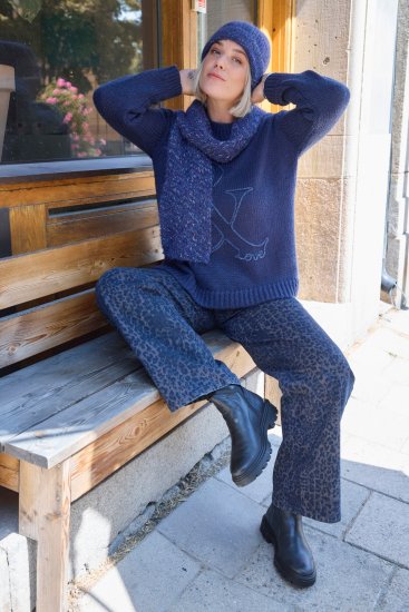 Ulla Popken Textured Glitter Embroidery Oversized Sweater Ink Blue - Hoodies & Sweatshirts - 