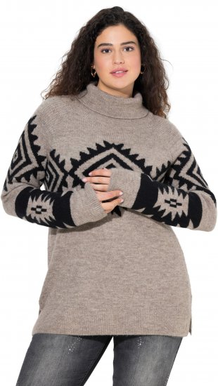 Ulla Popken Aztec Pattern Turtleneck Sweater Pebble Grey - Hoodies & Sweatshirts - 