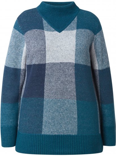 Ulla Popken Grand Check Long Sleeve Sweater Teal - Hoodies & Sweatshirts - 