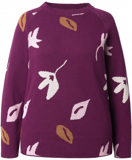 Ulla Popken Eco Cotton Leaf Pattern Long Sleeve Sweater Forest Berry - Hoodies & Sweatshirts - 