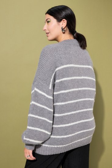 Ulla Popken Oversized Striped Balloon Sleeve Sweater Grey Melange - Hoodies & Sweatshirts - 
