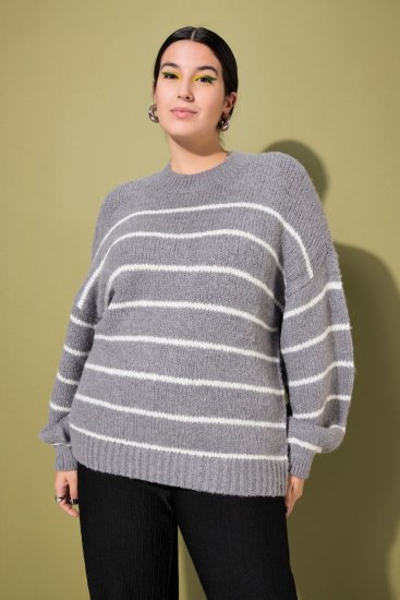 Ulla Popken Oversized Striped Balloon Sleeve Sweater Grey Melange - Hoodies & Sweatshirts - 