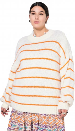 Ulla Popken Oversized Striped Balloon Sleeve Sweater Off-White - Hoodies & Sweatshirts - 
