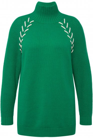 Ulla Popken Contrast Braid Turtleneck Sweater Emerald Green - Hoodies & Sweatshirts - 
