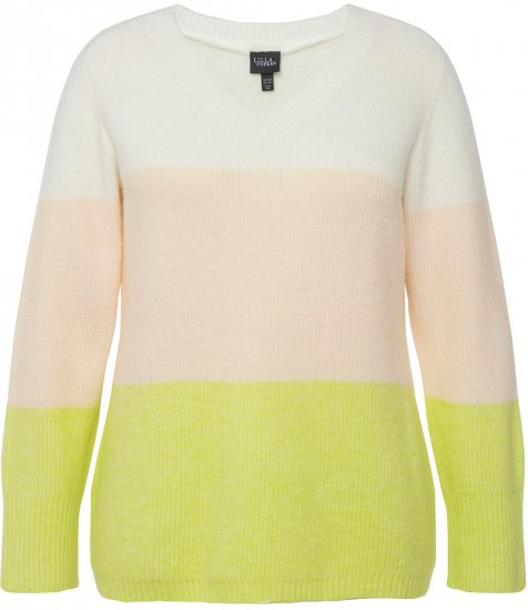 Ulla Popken Block Stripe Long Sleeve V-Neck Sweater Lime Green - Hoodies & Sweatshirts - 