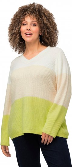 Ulla Popken Block Stripe Long Sleeve V-Neck Sweater Lime Green - Hoodies & Sweatshirts - 