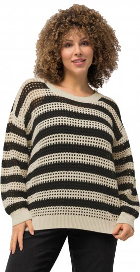 Ulla Popken Striped Long Sleeve Crocheted Sweater Vanilla - Hoodies & Sweatshirts - 