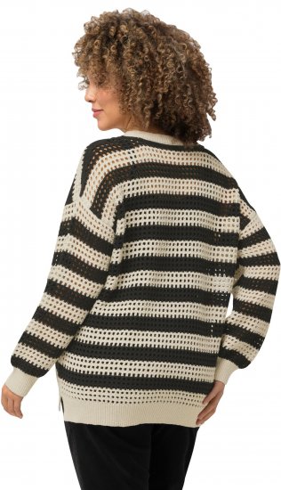 Ulla Popken Striped Long Sleeve Crocheted Sweater Vanilla - Hoodies & Sweatshirts - 