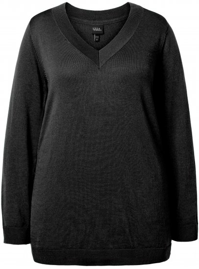 Ulla Popken Soft Fine Knit Pullover V-Neck Sweatshirt Black - Hoodies & Sweatshirts - 