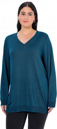Ulla Popken Soft Fine Knit Pullover V-Neck Sweatshirt Teal - Hoodies & Sweatshirts - 
