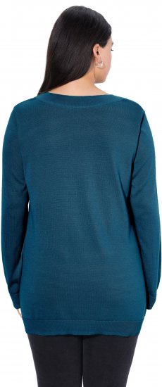 Ulla Popken Soft Fine Knit Pullover V-Neck Sweatshirt Teal - Hoodies & Sweatshirts - 