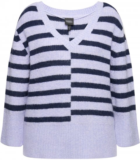 Ulla Popken Split Stripe Long Sleeve V-Neck Sweater Blue Grey - Hoodies & Sweatshirts - 
