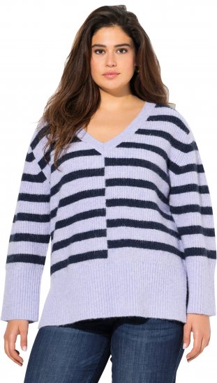 Ulla Popken Split Stripe Long Sleeve V-Neck Sweater Blue Grey - Hoodies & Sweatshirts - 