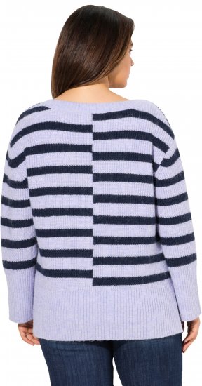 Ulla Popken Split Stripe Long Sleeve V-Neck Sweater Blue Grey - Hoodies & Sweatshirts - 