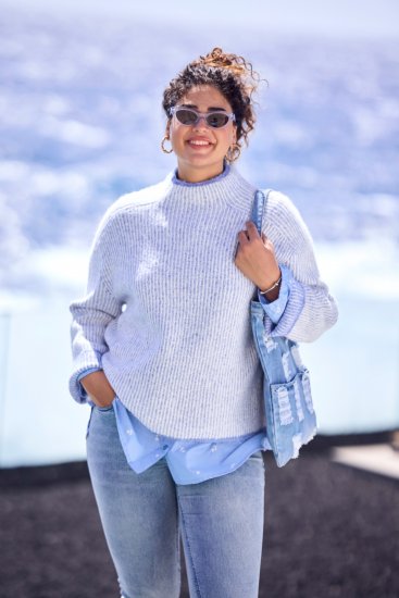 Ulla Popken Striped Wool Blend Turtleneck Sweater Sky Blue - Hoodies & Sweatshirts - 