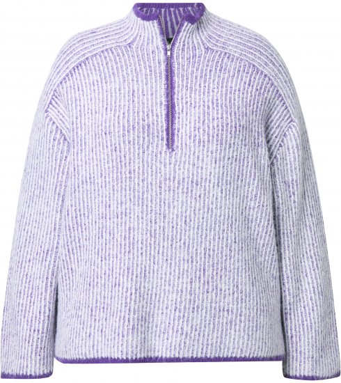 Ulla Popken Striped Knit Long Sleeve Troyer Collar Sweater Purple - Hoodies & Sweatshirts - 