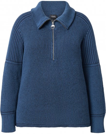Ulla Popken Two-Tone Mixed Knit Troyer Collar Sweater Navy - Hoodies & Sweatshirts - 