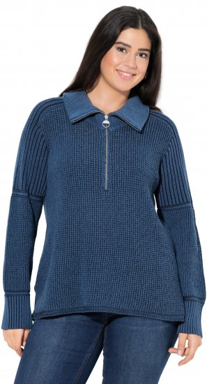 Ulla Popken Two-Tone Mixed Knit Troyer Collar Sweater Navy - Hoodies & Sweatshirts - 